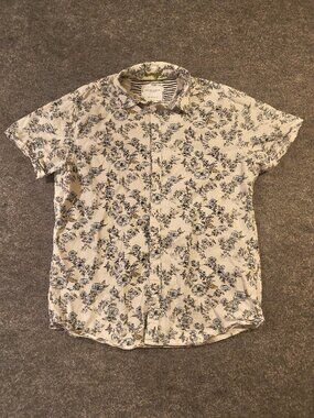 Denim & Flower Floral Button‑Up | Men’s M | Cream & Blue